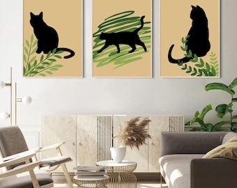 Set of 3 Cats Wall Art - Printable Digital Illustration - Minimalist Cats Art - Cat Home Decor