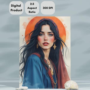 May include: A digital painting of a woman with long dark hair wearing a blue robe and a red headscarf. She has blue eyes and is wearing gold jewelry. The background is a watercolor wash of orange and yellow.