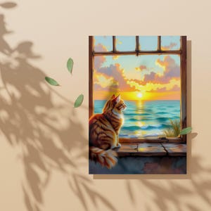 Puede incluir: Impresión de arte digital de un gato jengibre mirando por una ventana una puesta de sol sobre el mar. El gato está sentado en un alféizar desgastado. El cielo está lleno de tonos naranja, amarillo y azul.
