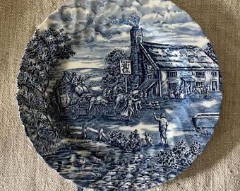 Vintage Blue Transferware 10” Plates ~ The Posthouse by Bursley ~ Cottagecore ~ Vintage Aesthetic Dinnerware ~ English Transferware