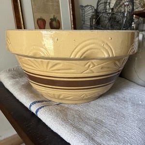 Vintage Yellow Ware Mixing Bowl with Brown Stripes