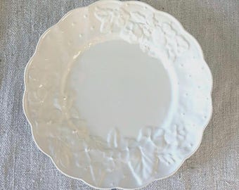 Vintage White Majolica Plate ~  Flower Design, Bordallo Pinheiro ~ Ingrid Dinner Plate (10.5 inch)
