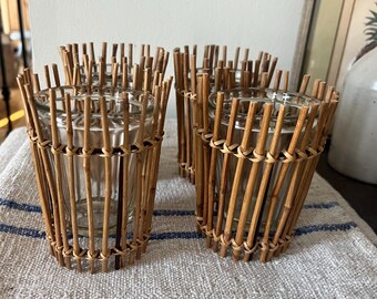 Set of 4 Votive Holders Rattan and Glass - Garden Decor ~ Provence Garden ~ Romantic Tealights - Vintage Rattan ~ Garden Wedding