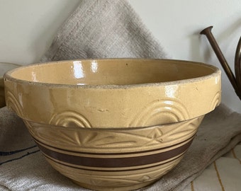 Vintage Robinson-Ransbottom Large Yellow Ware Bowl with brown stripes