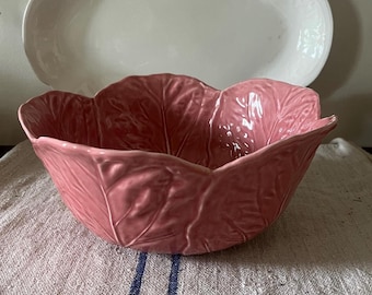 Large Vintage Pink Cabbageware Majolica Bowl – Hand-Painted Portugal Earthenware