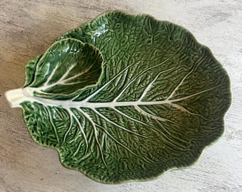 Vintage Cabbage Style Majolica Chip and Dip Bowl ~ Made in Portugal by Bordallo Pinheiro ~ Green Cabbageware