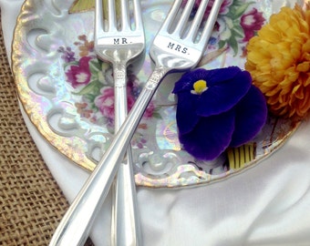 Hand Stamped Forks Mr. Mrs. Wedding Cake Tasting Forks by Blithe Vintage