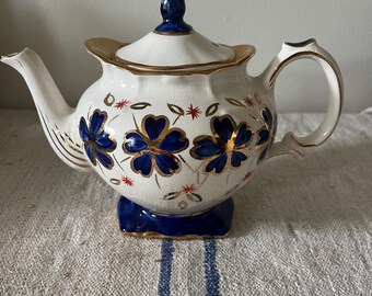 Vintage Blue and White Floral Handpainted Teapot with gold accents made in England