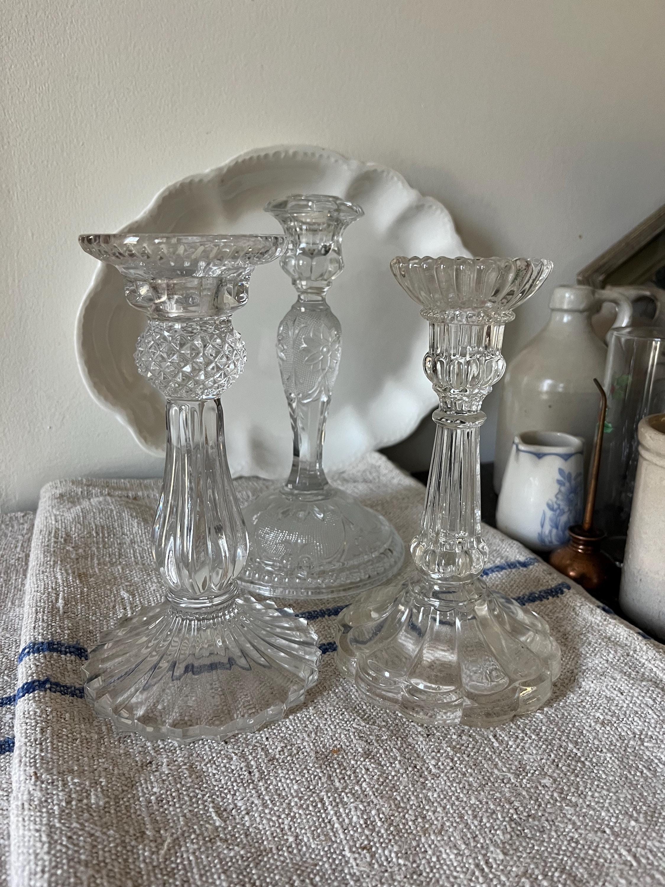 Set of 3 Unmatched Crystal and Pressed Glass Candleholders ~ Romantic Tabletop Decor ~ Vintage Glass Candlesticks ~ Wedding Decor