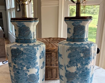 Pair of Chinoiserie Blue and White Table Lamps ~ Coastal Decor ~ Pair of Vintage 1950’s Asian Lamps