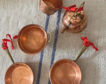 5 Piece Miniature Copper Pots and Pans and Teapot Set