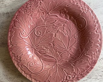 Large Majolica Charger Plate ~ Vintage Pink Cabbageware Hand-Painted Portugal Earthenware
