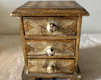 Vintage Italian Florentine Style Gilded Small Wooden Jewelry Box ~ Gold and Cream Mid Century