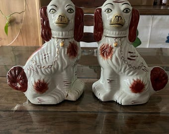 Pair of Antique Staffordshire Dog Statues ~ Spaniel Bookends ~ Mantle Decor