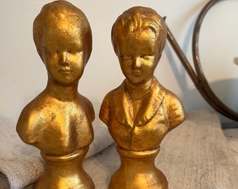 French Vintage Pair of Gold Leaf Small Decorative Busts male and female