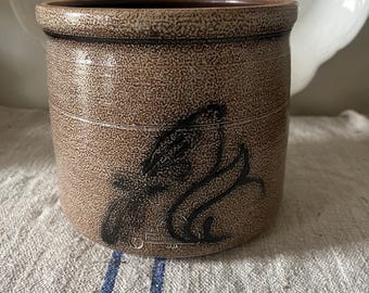 Rowe Pottery Works Salt Glazed Stoneware Crock ~ Bird Design Cobalt Blue ~ Rustic Farmhouse