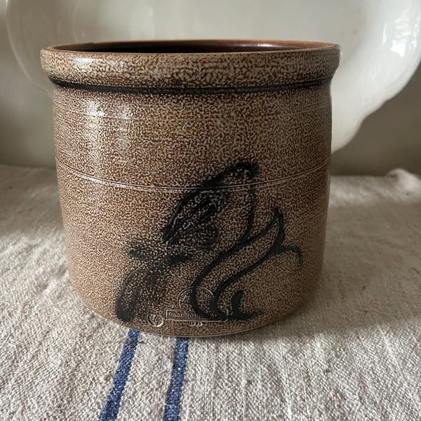 Rowe Pottery Works Salt Glazed Stoneware Crock ~ Bird Design Cobalt Blue ~ Rustic Farmhouse