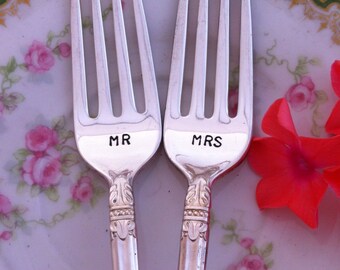 Mr. and Mrs Wedding Cake Tasting Forks with date by Blithe Vintage