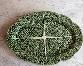Vintage Bordallo Pinheiro Cabbageware Design Oval Platter ~ Green Majolica Cabbage Design ~ Fall Table Setting Decor