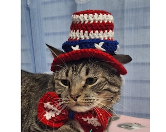 Patriotic Crochet Cat Costume: 4th of July Top Hat & Bowtie