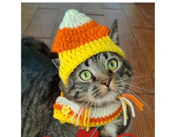 Crochet Candy Corn Cat Costume: Halloween Pet Hat and Scarf