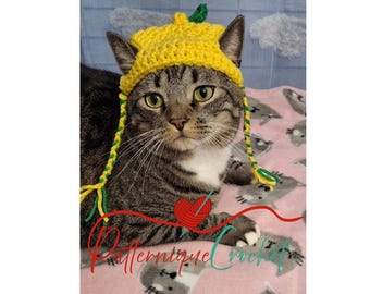 May include: A gray tabby cat wearing a yellow crocheted lemon hat with green leaves. The cat is lying on a pink blanket with a white and gray pattern.