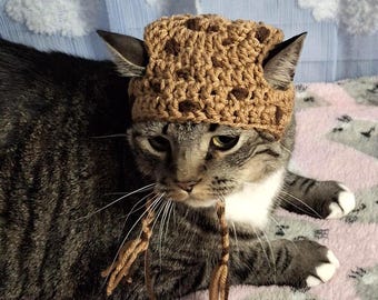 Crochet Chocolate Chip Cookie Cat Hat: Funny Pet Costume, Winter Outfit