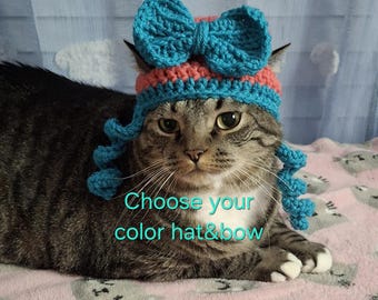 Crochet Cat Hat with Bow - Choose your color: Custom Pet Accessory