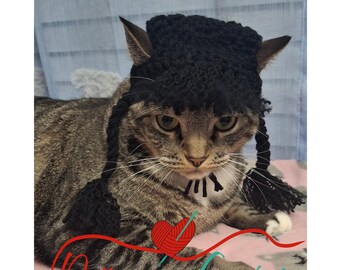 Crochet Goth Cat Hat with Braided Ponytails: Halloween Pet Costume