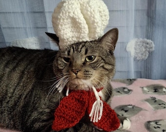 Crochet Chef Cat Hat and Necktie: Funny Pet Costume, Winter Outfit