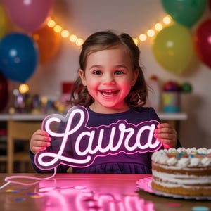 Può includere: Una bambina sorridente tiene in mano un'insegna al neon rosa con il nome "Laura" scritto in corsivo. Una torta di compleanno con glassa bianca e decorazioni colorate è su un tavolo. Palloncini e luci a catena sullo sfondo.