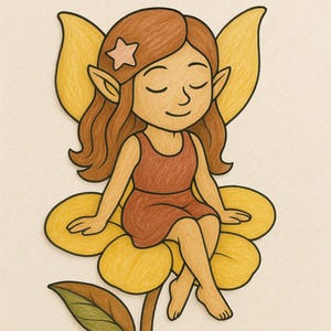 May include: A cartoon fairy with brown hair and a brown dress sits on a yellow flower with green leaves. The fairy has closed eyes and a star on her hair.