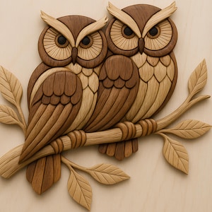 May include: Wooden wall art featuring two owls perched on a branch with leaves. The owls are crafted from various shades of brown wood, with detailed feather patterns and large, dark eyes. The branch and leaves are also made of wood, creating a natural, rustic aesthetic.