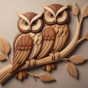 Può includere: Un'opera d'arte da parete in legno raffigurante due gufi appollaiati su un ramo con foglie. I gufi sono scolpiti in legno marrone chiaro e scuro, con dettagli di piume e occhi. Lo sfondo è beige neutro.