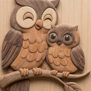 Peut inclure: Sculpture en bois représentant deux hiboux perchés sur une branche. Le plus grand hibou a un corps brun clair et des ailes et une tête brun foncé. Le plus petit hibou est niché à côté. Sculpture en bois aux nuances naturelles.
