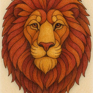 May include: A detailed illustration of a lion's face, rendered in warm shades of orange, red, and yellow. The lion's mane is intricately designed with layered lines, and the background is a soft beige. The artwork showcases a stylized, symmetrical design.