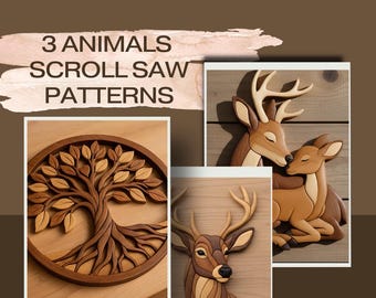 FOREST ANIMALS scroll saw bundle – Deer Couple, Stag & Tree of Life Intarsia – 3 PDF Woodworking Patterns