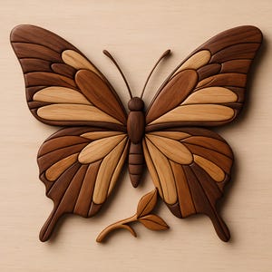 May include: A wooden butterfly wall art piece with a detailed design. The butterfly features wings with alternating shades of brown and tan wood. A small wooden branch with leaves is positioned below the butterfly.