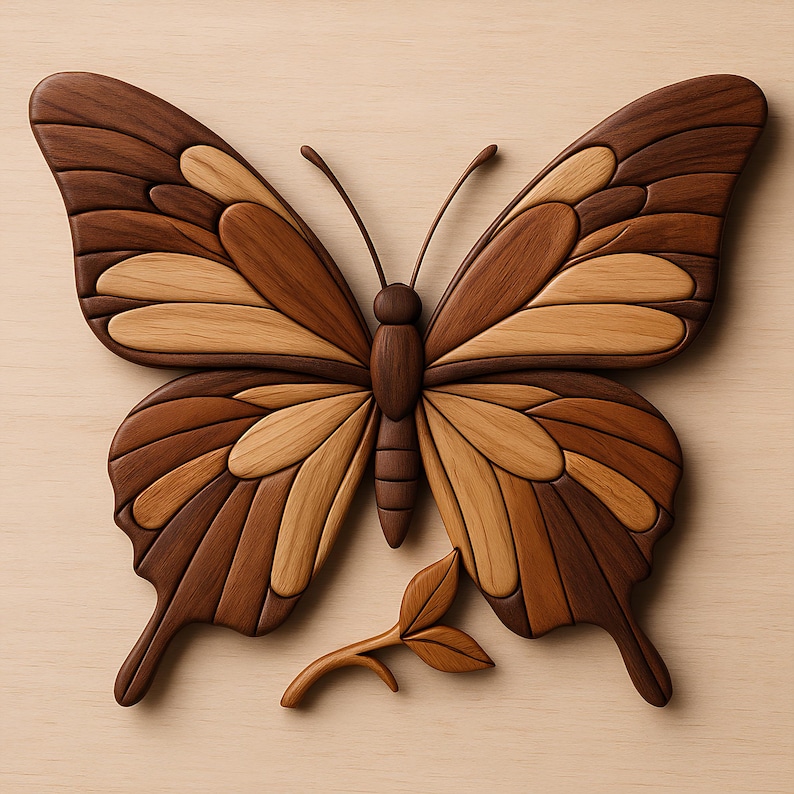 May include: A wooden butterfly wall art piece with a detailed design. The butterfly features wings with alternating shades of brown and tan wood. A small wooden branch with leaves is positioned below the butterfly.