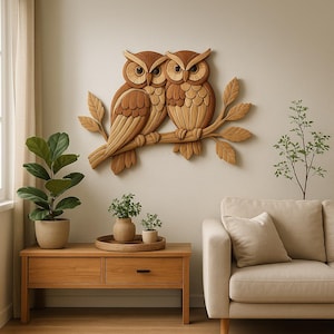 May include: A wooden wall art piece featuring two owls perched on a branch. The owls are carved from wood, showcasing detailed feather patterns and large eyes. The artwork is mounted on a neutral-colored wall, creating a natural and rustic aesthetic.