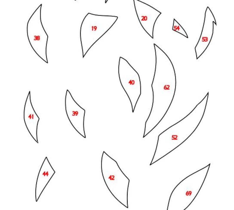 Puede incluir: Dibujo en blanco y negro de un dise&ntilde;o de vitral. El dise&ntilde;o est&aacute; formado por 11 formas diferentes, cada una numerada con un n&uacute;mero rojo. Los n&uacute;meros van del 19 al 69.