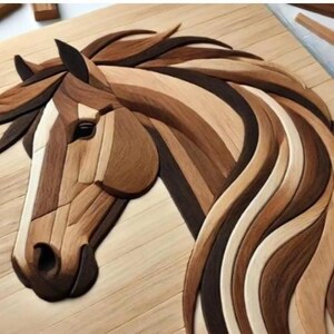 May include: A wooden mosaic of a horse's head and neck, crafted from various shades of brown and tan wood. The horse's mane flows in curved lines, and the face features a white stripe. The artwork is a detailed representation of a horse.