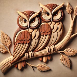Peut inclure: Deux hiboux en bois sculptés de manière complexe perchés sur une branche avec des feuilles détaillées. Les hiboux sont bruns et blancs avec des traits réalistes et des détails de plumes complexes.