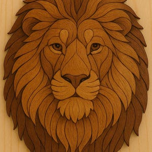 May include: A detailed wooden lion head sculpture with a layered design. The lion's mane and facial features are crafted from various shades of brown wood, creating a three-dimensional effect. The artwork is mounted on a light-colored wooden background.
