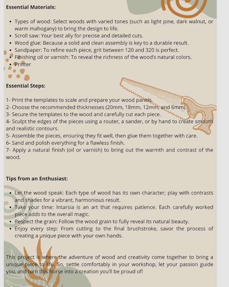 May include: Text-filled image detailing essential materials and steps for a woodworking project. Includes types of wood, tools like a scroll saw, sandpaper, and finishing oil. The image also features a saw illustration and tips for enthusiasts.