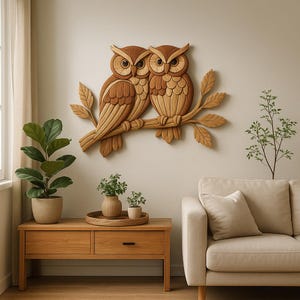 May include: A wooden wall art piece featuring two owls perched on a branch with leaves. The owls are carved from wood, showcasing detailed feather patterns and large eyes. The artwork is mounted on a neutral-colored wall, creating a natural, rustic aesthetic.