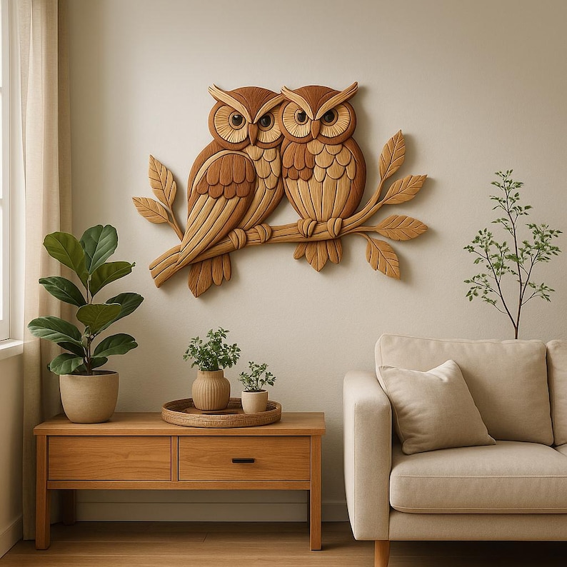 May include: A wooden wall art piece featuring two owls perched on a branch with leaves. The owls are carved from wood, showcasing detailed feather patterns and large eyes. The artwork is mounted on a neutral-colored wall, creating a natural, rustic aesthetic.