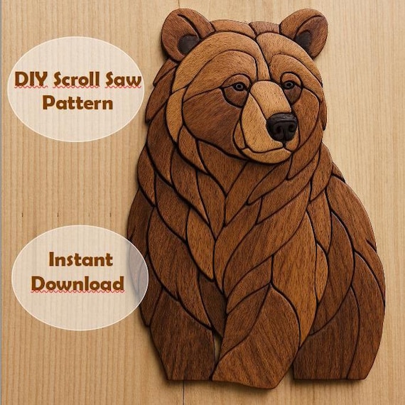Bear Intarsia Pattern for Beginners, DIY Woodworking Template, Printable PDF Forest Animal Wall Art, Easy Scroll Saw Project for Home Decor