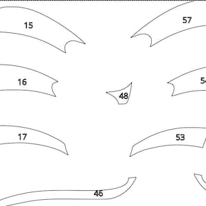May include: A collection of white, abstract shapes with black outlines and numbers. The shapes vary in size and curvature, with numbers like 15, 16, 17, 46, 48, 53, 54, 57, and 26 displayed on them. The shapes appear to be cut-out designs.