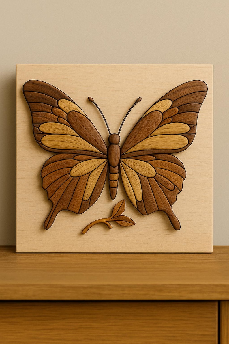 May include: A wooden butterfly wall art piece. The butterfly is carved from wood and features a detailed design with brown and tan tones. A small wooden leaf is below the butterfly. The artwork is mounted on a light-colored wooden square.